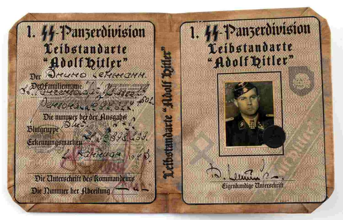 WWII GERMAN SS PANZER DIVISION AUSWEIS ID BOOKLET: WWII German 1. SS Panzer Division Panzergrenadier ausweis ID booklet. Photo of soldier in tunic and side cap with Knight's Cross. 5 1/4 X 4 1/4 inches. Good condition. Unauthenticated, sold as is.