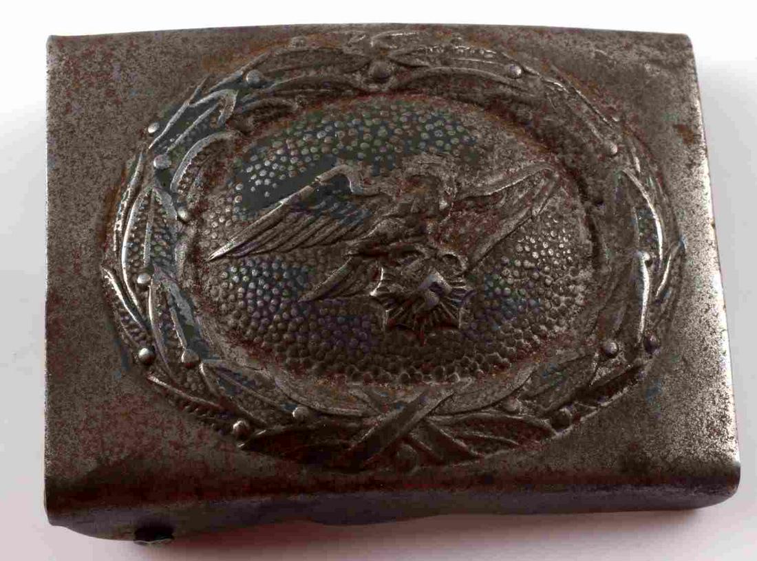 WWII GERMAN REICH EARLY RLB BELT BUCKLE: WWII German Reich early Reichsluftschutzbund belt buckle measuring 1 7/8 inches tall by 2 1/2 inches wide. Reverse side features both prongs and is in good condition. Buckle in overall good condition.