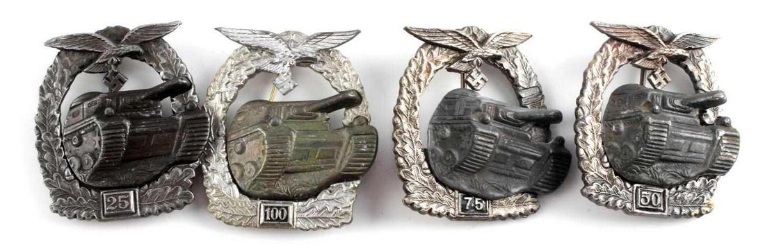 4 WWII GERMAN THIRD REICH LUFTWAFFE TANK ASSAULT: Lot contains 4 Luftwaffe Tank Assault badges for 25-100 engagements. Some of them marked "750" on reverse with 90 degree pin lay. Measure approx. 2 x 2 inches. Unauthenticated, sold as is.
