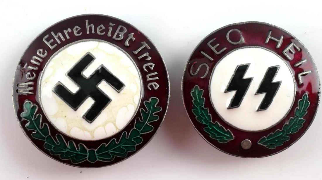 WWII THIRD REICH GERMAN WAFFEN SS ENAMEL BADGES: Steel badges with enamel design and screw-on pin backs. Sieg Heil marked to one, Meine Ehre heist Treue marked to other. Ges. Gesch, RZM and number markings to reverse. Measure 1.75 inches in diameter