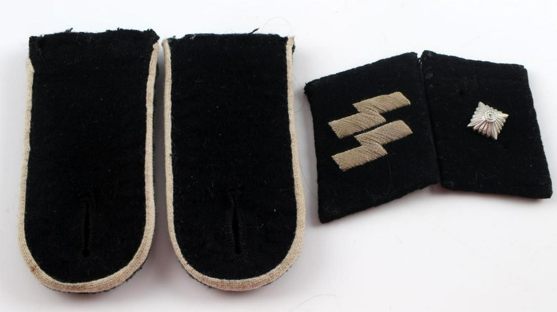 WWII GERMAN WAFFEN SS COLLAR TAB SHOULDER BOARDS: Pair of shoulder boards with white piping and a pair of SS officer collar tabs. Some thread does fluoresce under blacklight. Good condition. Unauthenticated, sold as is.