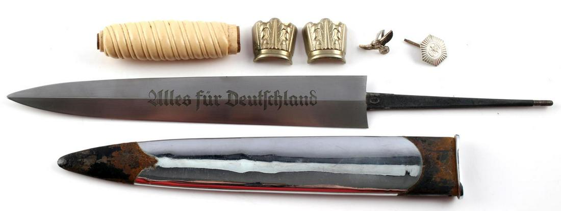 6 WWII GERMAN SA HEER DAGGER PART LOT: One (1) SA dagger blade. Etched "Alles fur Deutschland" to one side and "RZM M7/19 1938" maker marked to other. 0 to the tang. 13 1/2 inches long. One (1) SA eagle insert. Eagle marked reverse side "M
