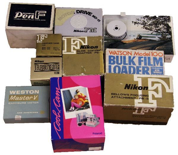 MASSIVE PHOTO EQUIPMENT LOT NIKON OLYMPUS: 69029 MASSIVE PHOTO EQUIPMENT LOT NIKON OLYMPUS Olympus Pen F camera, Weston Master V exposure meter, Nikon FM MD-11 motor drive, Nikon TC-200 teleconverter, Nikon F leather case, Nikon bellows focusi