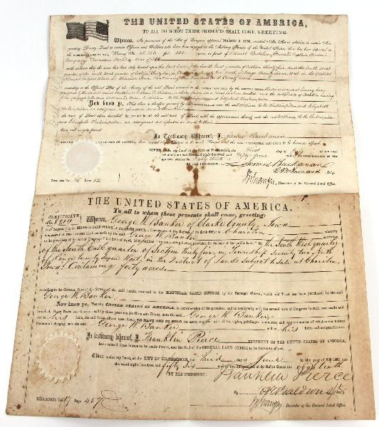 JAMES BUCHANAN FRANKLIN PIERCE SIGNED LAND GRANTS: 69036 JAMES BUCHANAN FRANKLIN PIERCE SIGNED LAND GRANTS A original pair of land grants 1 from Clark County Iowa 1856 signed by the secretary of President Franklin Pierce, a second grant awarded to Cap
