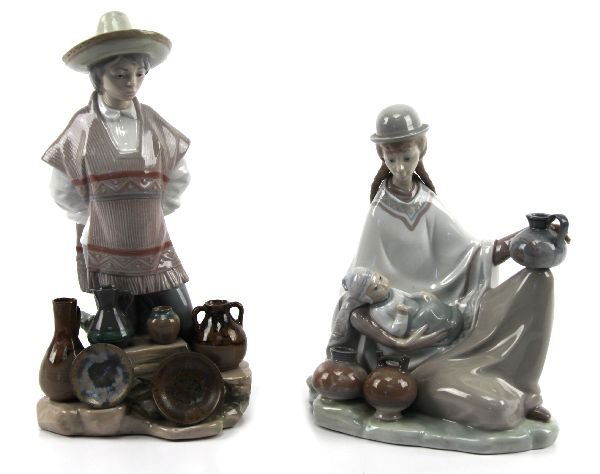 RETIRED LLADRO PORCELAIN FIGURINE LOT 2: 69045 RETIRED LLADRO PORCELAIN FIGURINE LOT 2 A collection of 2 retired Lladro figurines including: a 9 inch "Woman" #4822 and an 11 1/2 inch "Ceramic Seller" #5080. Both pieces are in very good condi
