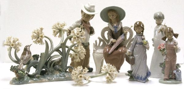 LLADRO PORCELAIN FIGURINES LOT 6: 69047 LLADRO PORCELAIN FIGURINES LOT 6 An 8 inch retired limited edition "Forest" #1243 with broken stem, a 10 1/2 inch retired "Cowboy Puppet" #4969 with chips to hat and repair to neck, a retired 10
