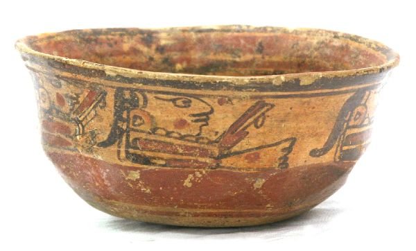 MAYAN POLYCHROME BOWL LARGE: 69064 MAYAN POLYCHROME BOWL LARGE 8 inches wide by 4 inches tall. This bowl has octagonal flat spot on lower lip. Wonderful patina and vivid colors make this an exceptional piece $300-600