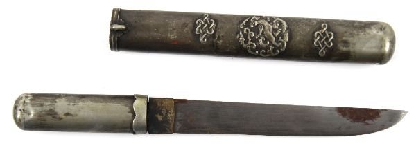 ASIAN TANTO: 69105 ASIAN TANTO A Chinese short bladed knife with a 4.5 inch blade. the grip and sheath are sheet metal covered, the sheath with mystic creature design. Some rust patches to the blade, generally ver