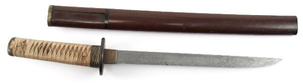 19TH CENTURY JAPANESE TANTO: 69106 19TH CENTURY JAPANESE TANTO Blade of just over 10 inches. Dulled and with some pitting overall. Some evidence of mesame. 2 Mekugi-ana to the unsigned tang. Plain iron Tsuba, ray skin grip, brass