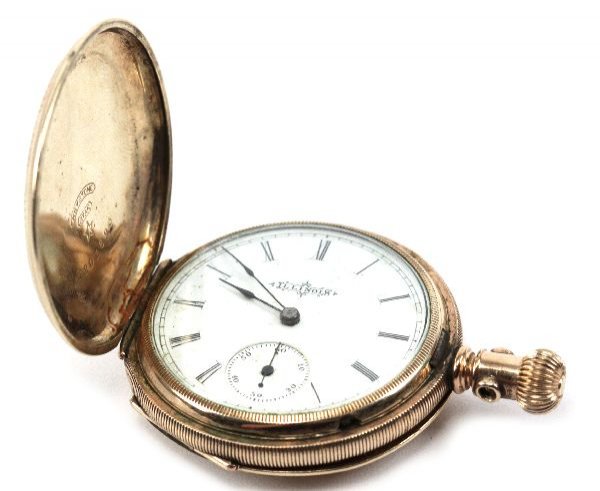 14K YELLOW GOLD ILLINOIS POCKETWATCH: 69182 14K YELLOW GOLD ILLINOIS POCKETWATCH 42mm 14K yellow gold case with white face, Roman numeral dial, and sunken auxiliary second hand with Arabic numerals. Keystone Star case # 1201893 Springfiel