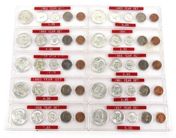 BU COIN YEAR SILVER SETS 1955 -1964 10 TOTAL: 69196 BU COIN YEAR SILVER SETS 1955 -1964 10 TOTAL A group of 10 coin year sets Franklin to Kennedy all brilliant uncirculated sets Philadelphia mint, these sets were obviously pulled from U.S Mint Un