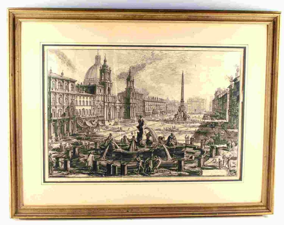 18TH CENTURY PRINT OF GIOVANNI BATTISTA PIRANESI: Print of Giovanni Battista Piranesi's "Vedute di Piazza Navona sopra le rovine del Circo Agonale" likely from the late 18th century. Print itself measures 19 3/16 inches tall by 28 1/2 inches wide. Ha