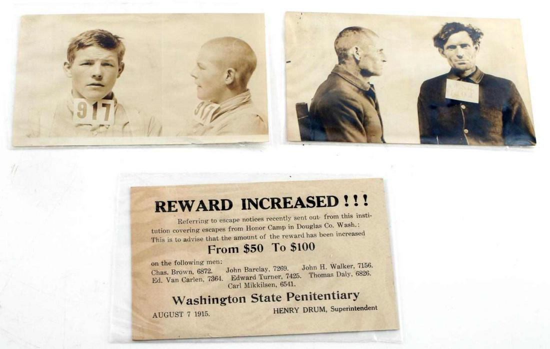 3 ANTIQUE 1912-1915 WANTED REWARD POSTER CARDS: One (1) Washington State Reformatory escape reward advertisement on Guy Hall from 1912. Card states a $50 reward for Guy Hall who escaped the Washington State Reformatory in 1912 after being indicted 