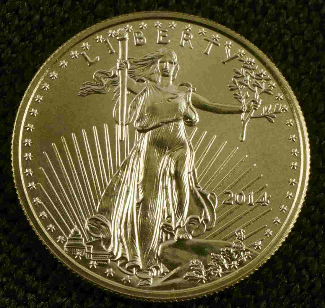 1/10 OUNCE AMERICAN EAGLE GOLD COIN BU 2014: American Eagle 1/10th ounce gold coin dated 2014, condition: brilliant uncirculated