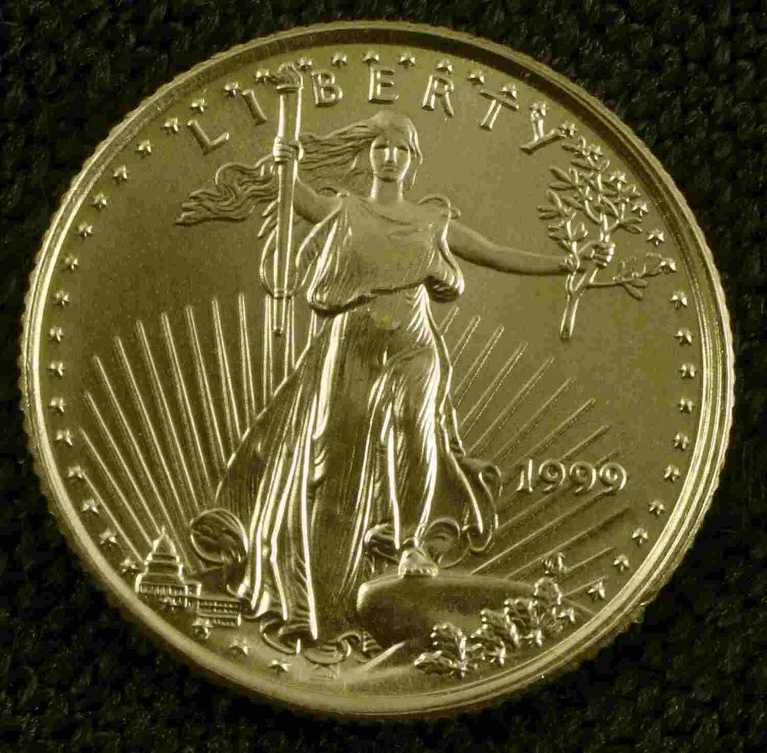 1/10 OUNCE AMERICAN EAGLE GOLD COIN BU 1999: American Eagle 1/10th ounce gold coin dated 1999, condition: brilliant uncirculated