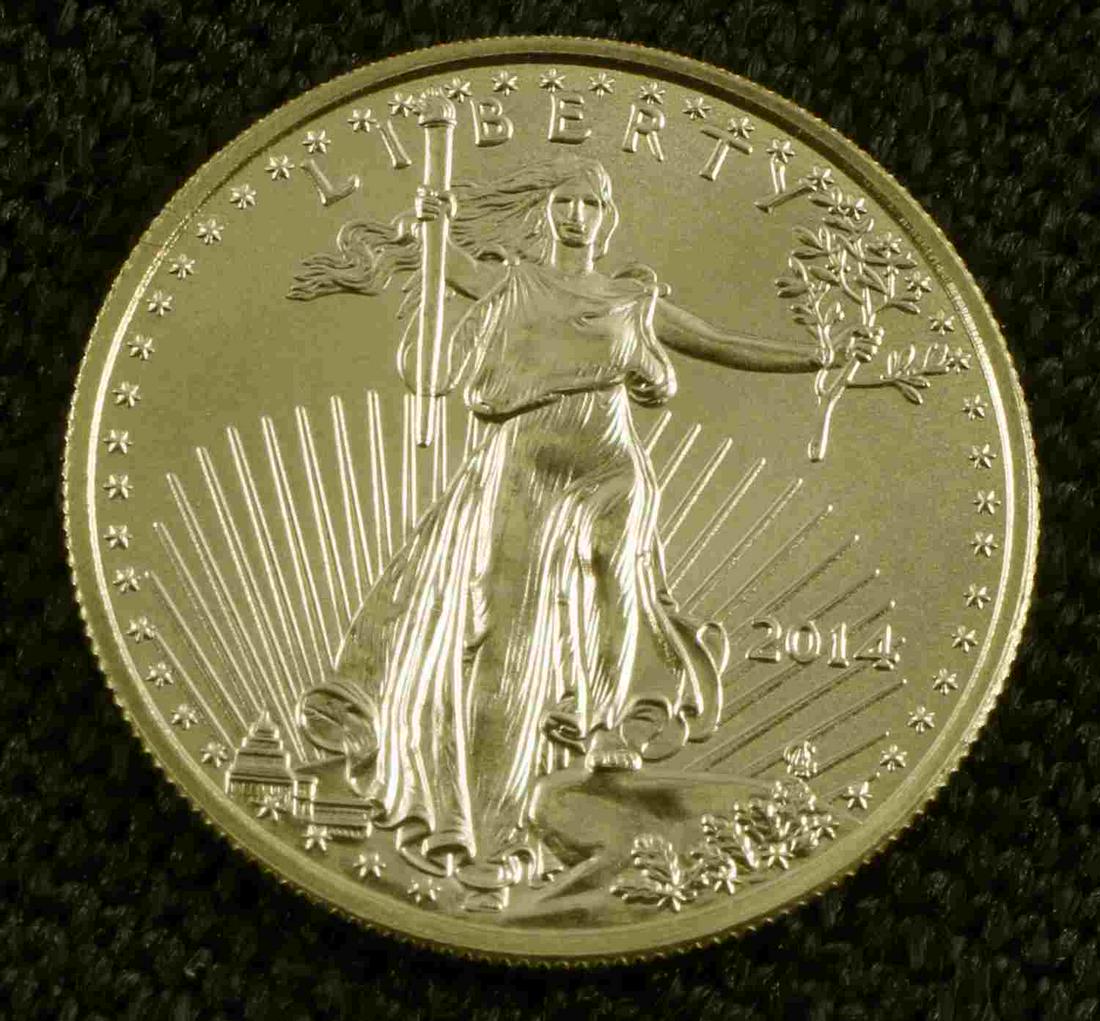 1/10 OUNCE AMERICAN EAGLE GOLD COIN BU 2014: American Eagle 1/10th ounce gold coin dated 2014, condition: brilliant uncirculated
