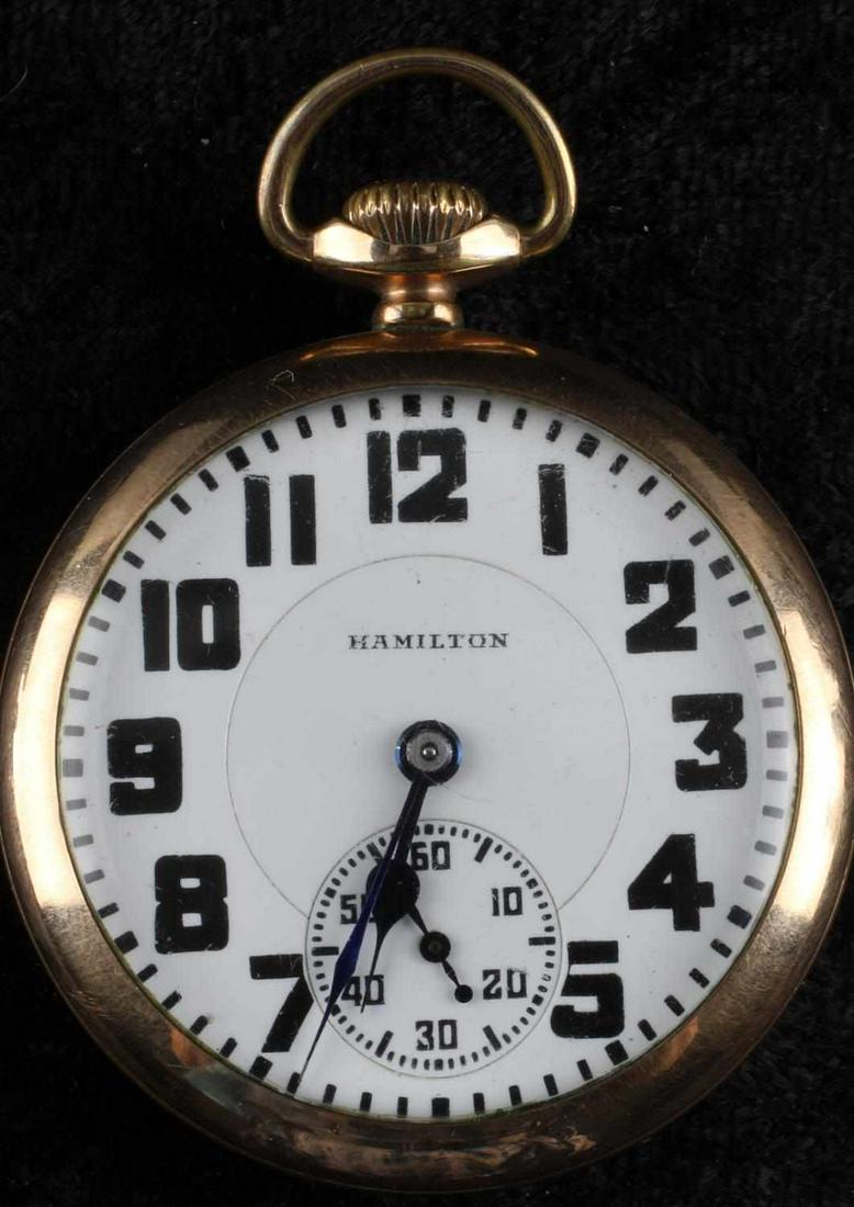HAMILTON 992 RAILROAD GRADE POCKETWATCH 1921: Strong self starting movement, hairline free enamel face, Model 2, run 500, size 16s, double roller. Gold filled case.