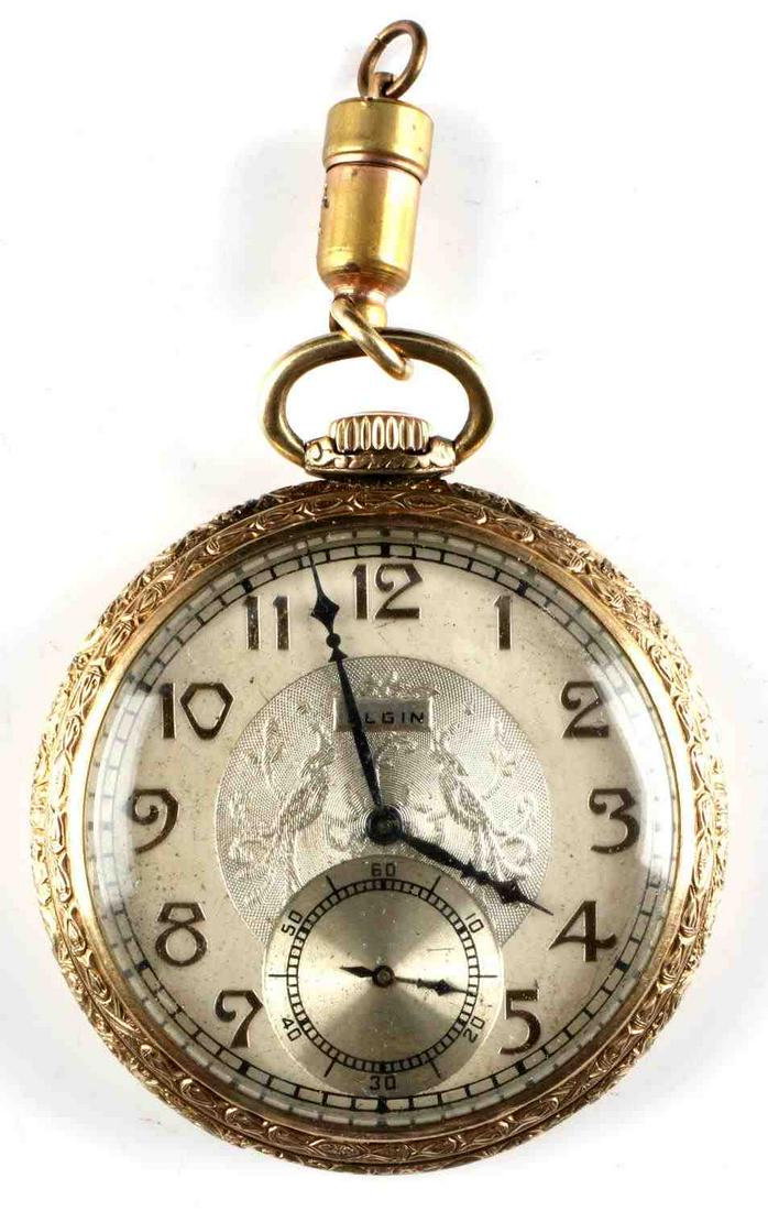 ELGIN FANCY FACE MODEL 3 1935 POCKETWATCH: Strong self starting movement, not overwound, Bird of Paradise face, Grade 315, model 3, size 12s, 15 jewels, double roller, non railroad grade.