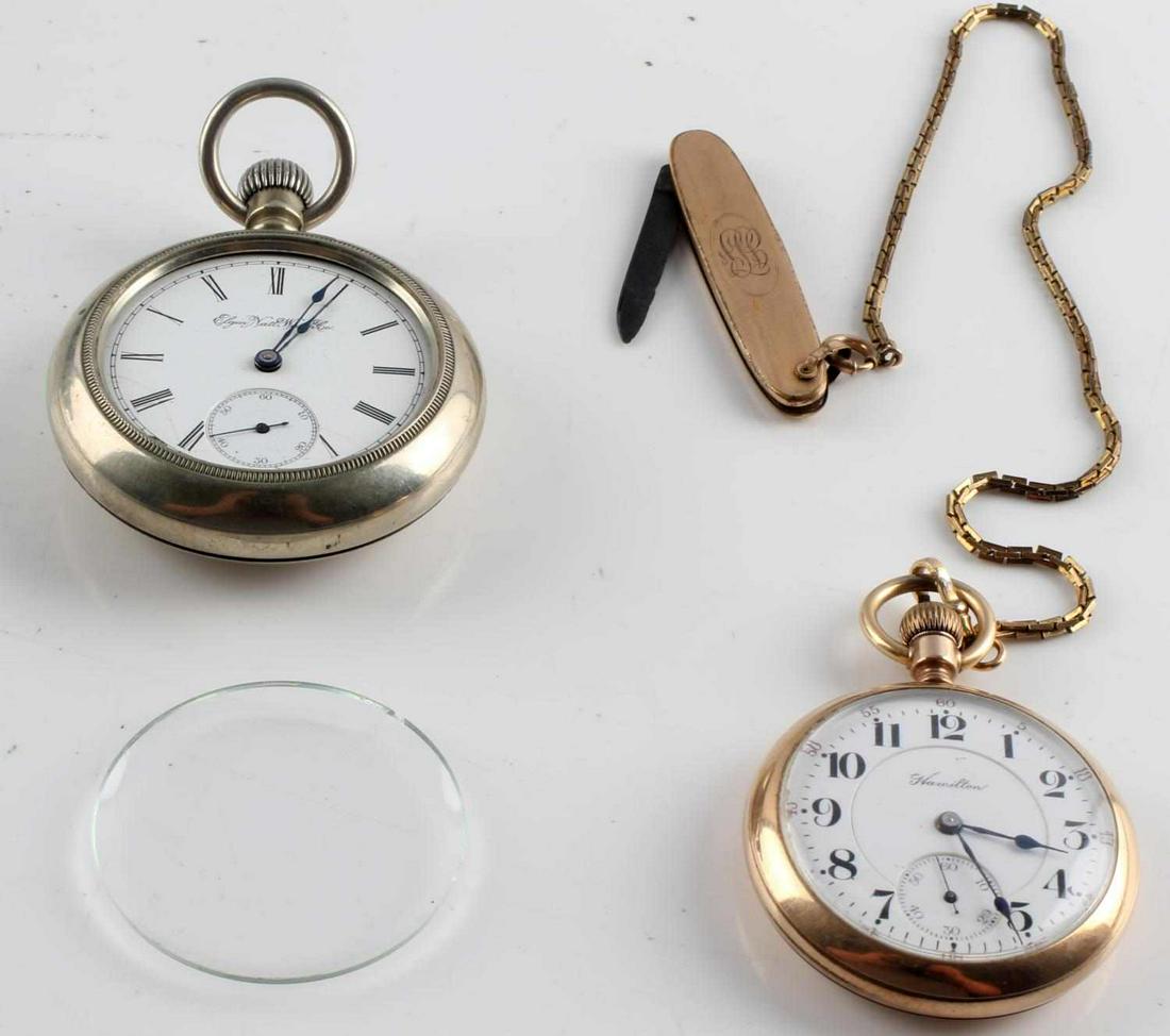 HAMILTON & ELGIN MODEL 1857 & 5 POCKET WATCH LOT: Includes Hamilton S/N 817966, Grade Broadway, 1875 production, size 18s, 7 jewels, with fob and knife, starts on own holds not overwound, Elgin S/N 5370862, Model 5, 1894 production, grade 74, size 18