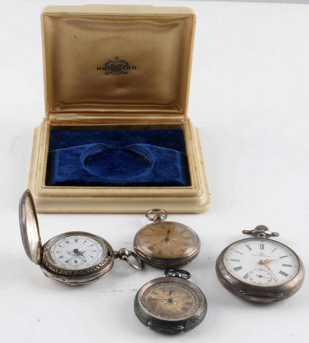 4 SILVER CASE ANTIQUE POCKET WATCH LOT OMEGA FAVRE: Only the Favre starts with key the omega is non working, 3 are 35 mm movements, the Omega is 42mm, all cases are at least .800 silver. Also original Hamilton watch box,