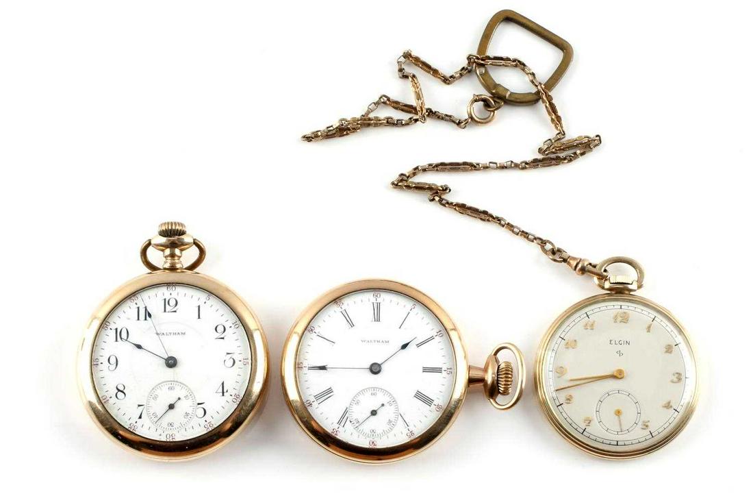 LOT OF 3 OPENFACE POCKET WATCHES ELGIN WALTHAM: Lot of 3 openface pocket watches to include an 1950 Elgin H689516 featuring 15 jewels, a pendant wind and set movement setting, and is 3/4 plate, with a 10k gold filled case, starts and holds; a 1900 
