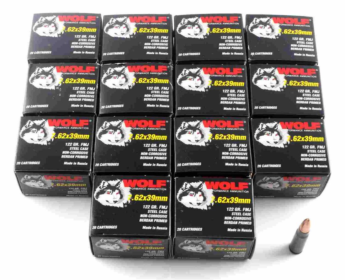 280 RDS WOLF 7.62 X 39 MM NEW IN BOX AMMO RUSSIAN: 14 boxes of 20 rds each, Wolf 7.62 X 39 mm, 122 grain, FMJ, steel rounds.