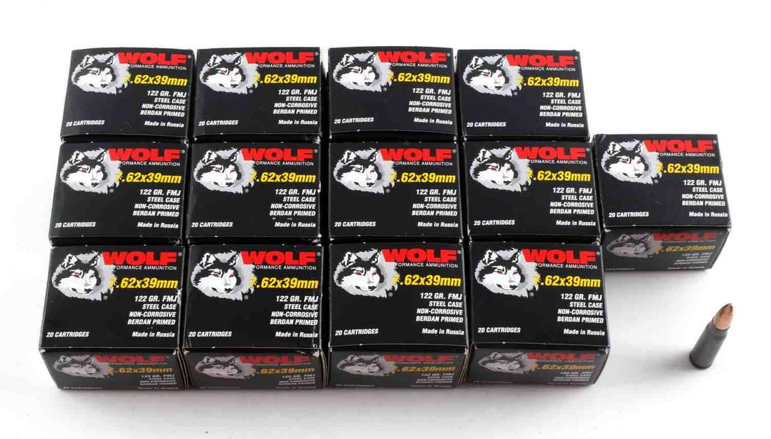 260 RDS WOLF 7.62 X 39 MM NEW IN BOX AMMO RUSSIAN: 13 boxes of 20 rounds each, 7.62 X 39 mm, 122 grain, FMJ steel ammo.