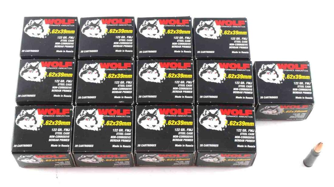 260 RDS WOLF 7.62 X 39 MM NEW IN BOX AMMO RUSSIAN: 13 boxes of 20 rds each, 7.62 X 39 mm, 122 grain, FMJ steel rounds.