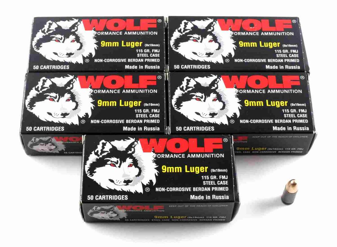 250 ROUNDS OF NEW IN BOX 9MM LUGER WOLF AMMUNITION: 250 rounds (5 boxes) of 9mm Luger Wolf ammunition. 115 grain, steel case non-corrosive and FMJ. New in box.