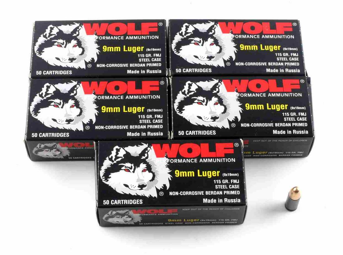 250 ROUNDS OF NEW IN BOX 9MM LUGER WOLF AMMUNITION: 250 rounds (5 boxes) of 9mm Luger Wolf ammunition. 115 grain, steel case non-corrosive and FMJ. New in box.
