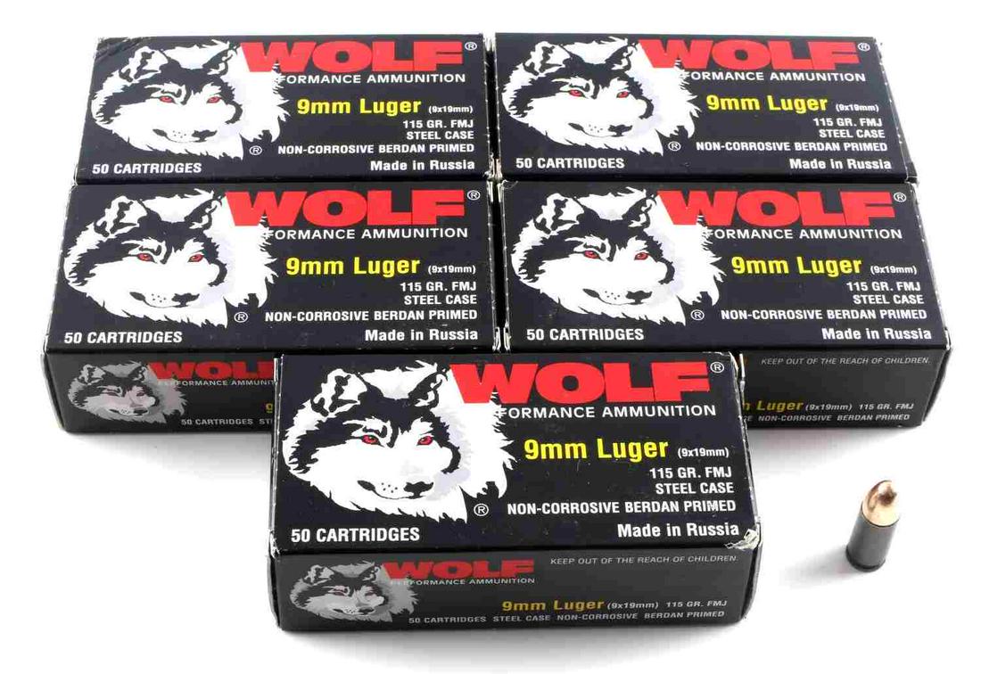 250 ROUNDS OF 9MM LUGER 115 GR WOLF AMMUNITION: 250 rounds (5 boxes) of 9mm Luger 115 grain, FMJ Wolf ammunition. New in box.