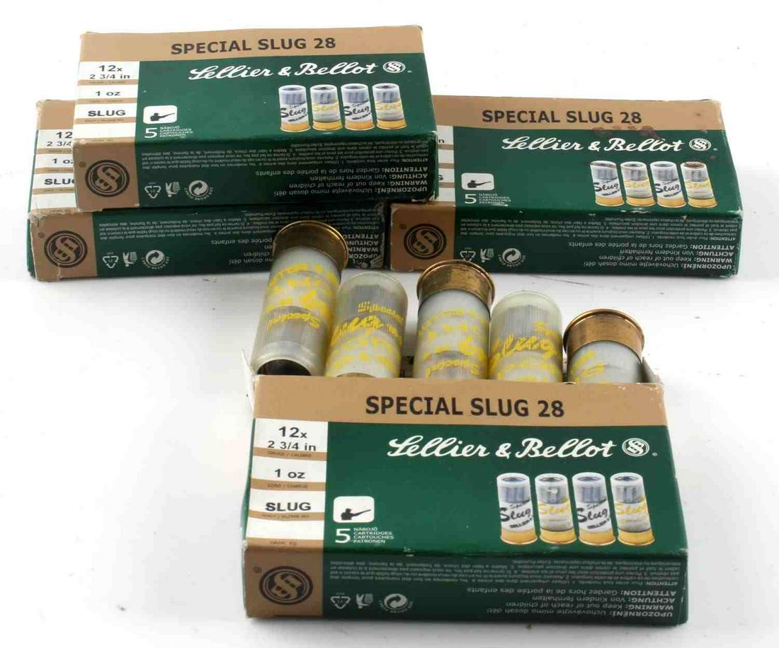 20 ROUNDS SELLIER BELLOT SPECIAL SLUG 28 AMMO 12GA: Four boxed of 5 rounds each 12 gauge 1 oz. slug
