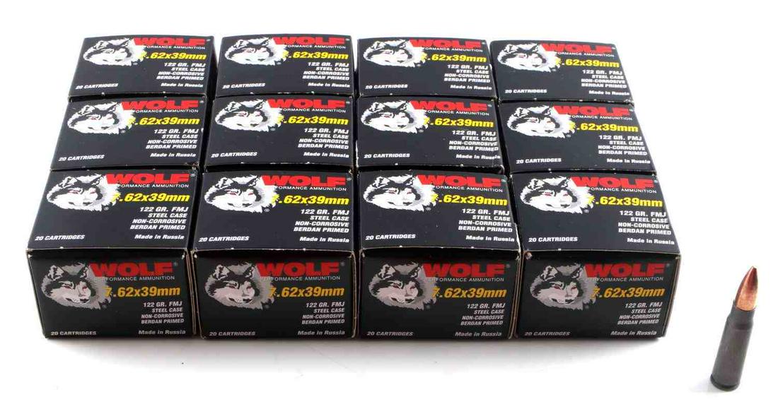 240 RDS WOLF 7.62 X 39 MM NEW IN BOX AMMO RUSSIAN: 12 boxes of 20 rds each, 7.62 X 39 mm, 122 grain, FMJ steel rounds.
