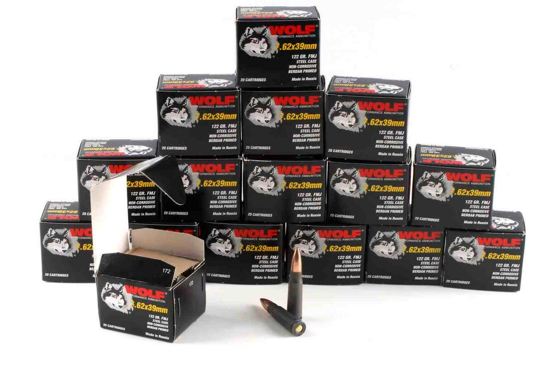 320 RDS WOLF 7.62 X 39MM AMMO RUSSIAN NEW IN BOX: 16 boxes of 20 rds each Wolf 7.62 X 39mm, 122 grain FMJ steel rounds. Russian made.