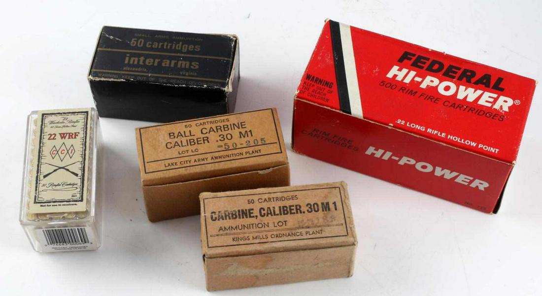 696 RDS OF MIXED AMMO .22 LR WRF .30 CALIBER M1: 550 rds of .22 LR caliber, 100 rds of .30 M1 in cardboard boxes, and one box of Interarms .30 M1 carbine (few missing - 46 shells total.) Good condition.