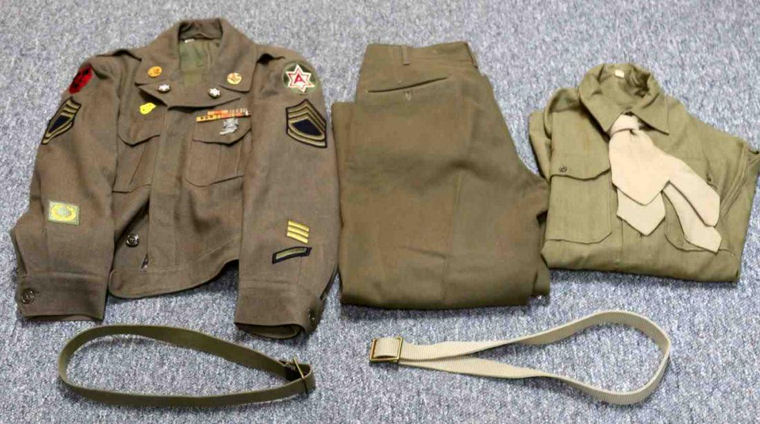 WWII US 6TH ARMY 86TH INFANTRY 1944 UNIFORM: Lot includes: 36R tunic with US and Army Corps of Engineer pins, service ribbons and marksman medal on left breast, 6th Army patch and rank chevrons to left arm, 6th Army collar pins/DUI, 86th Infantr
