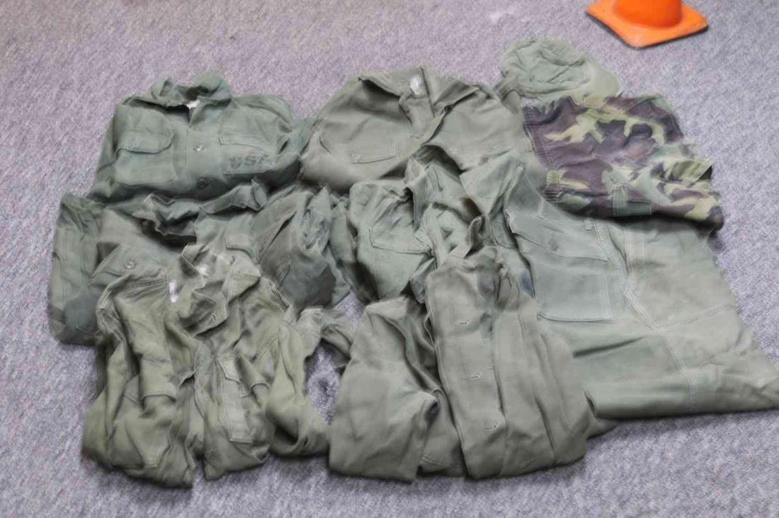 VIETNAM OD UTILITY UNIFORM LOT TROUSERS SHIRTS LG: Includes 6 shirts 16 1/2 neck, 1 trousers 34 x 31, woodland shorts, and 7 1/4 utility od cap