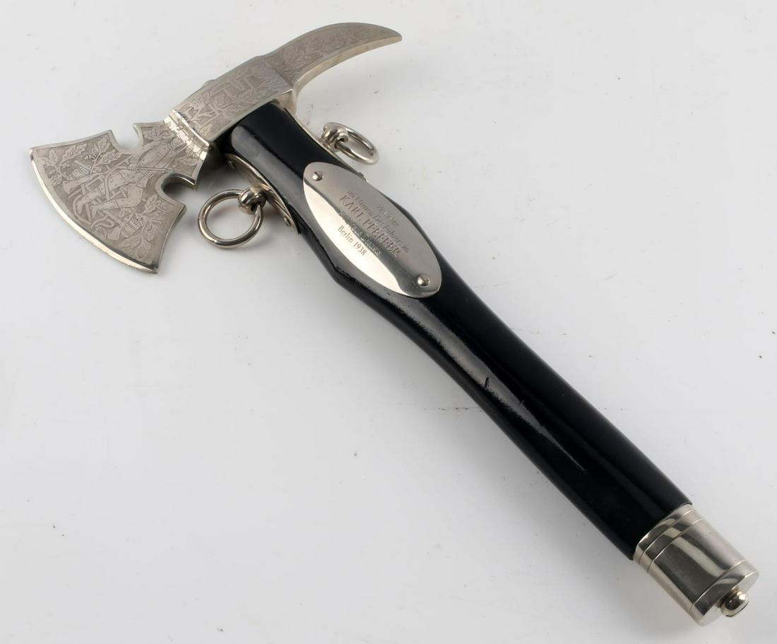 WWII GERMAN DRESS ETCHED FIREMAN AX AXE: The ax is deemed period and original, dedication plaque was most likely added at a later date. Measures 14 1/2 inches, free of damage and repairs