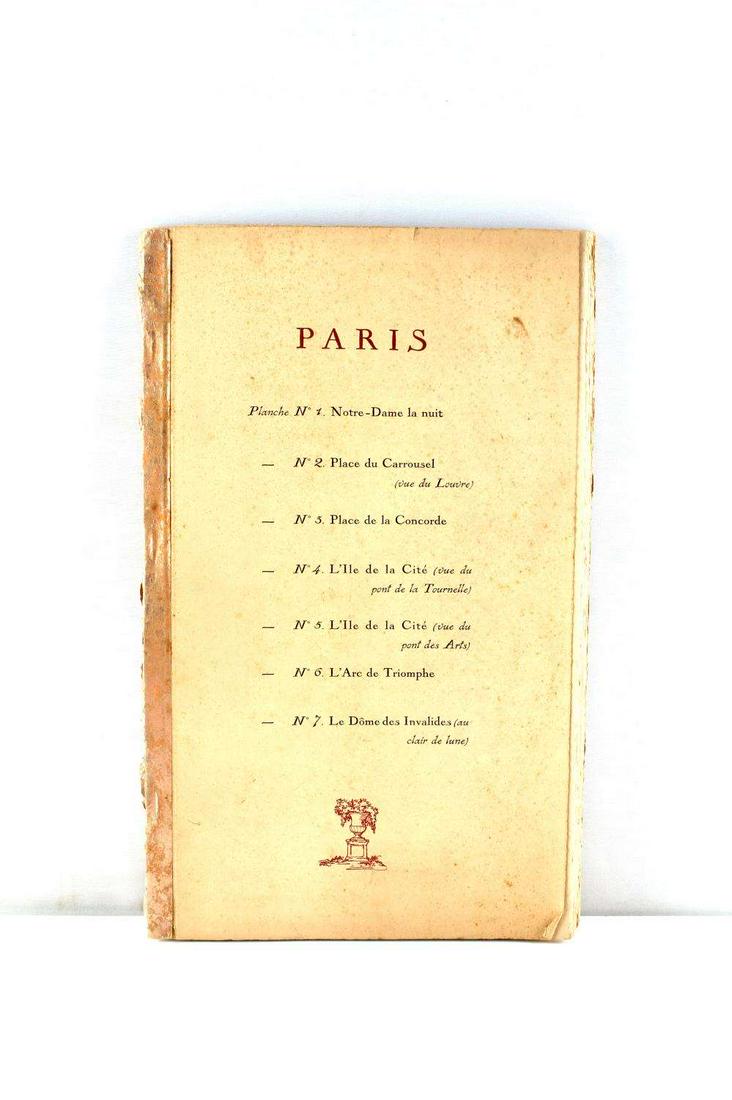 BOOK SET OF 7 PARIS PRINTS LOUVRE TOURNELLE: 7 numbered prints include: Notre-Dame la nuit, Place du Carrousel, Place de la Concorde, L'Ile de la Cite (Tournelle), L'Ile de la Cite (des Arts), L'Arc de Triomphe, and Le Dome des Invalides. Signed