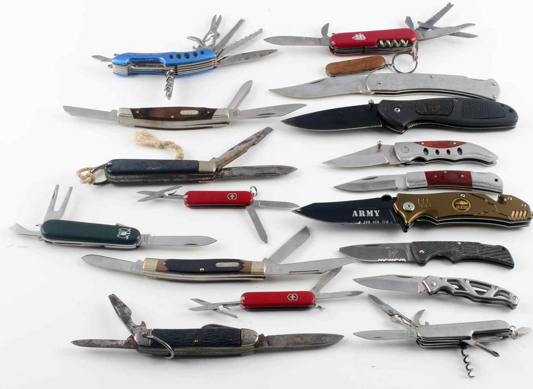 18 US ARMY SWISS MULTI TOOL POCKET KNIFE LOT: Variety lot of pocket knives from Buck, Old Timer, US Army, Swiss multi tool. Measurements range 3.25 -8.5 inches.