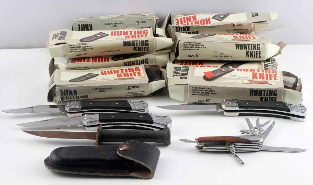 LOT OF 14 MULTI TOOL POCKET KNIFE & HUNTING KNIFE: 9-inch stainless steel blades with leather cases. 1 homemade style knife with iron grip and a multi tool pocket knife. Very good condition.