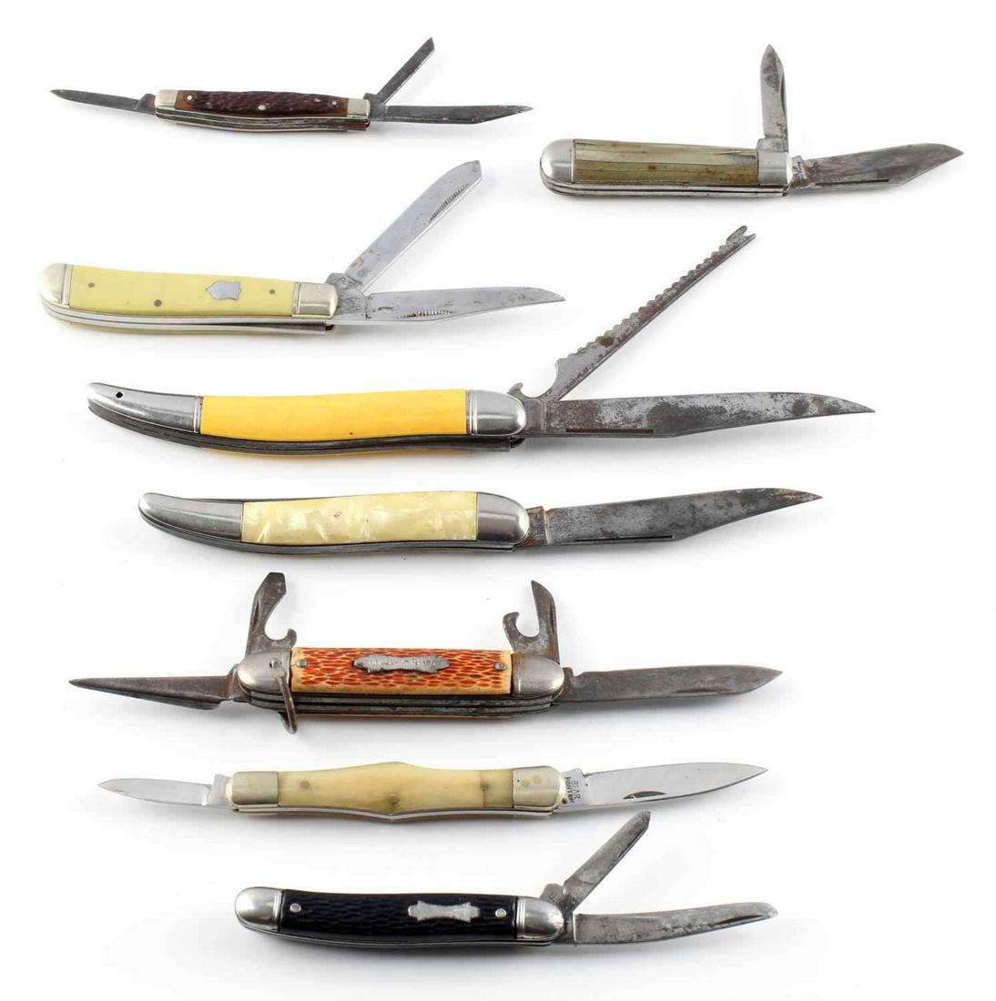 VARIETY OF 8 FOREST MASTER IMPERIAL POCKET KNIFE: Variety of stainless steel pocket knives from brands such as Imperial, Forest Master, Rough rider, and Sabre. Stag, composite, and bone grips. Most feature oxidation. Measurements range 4-9 inches. Go