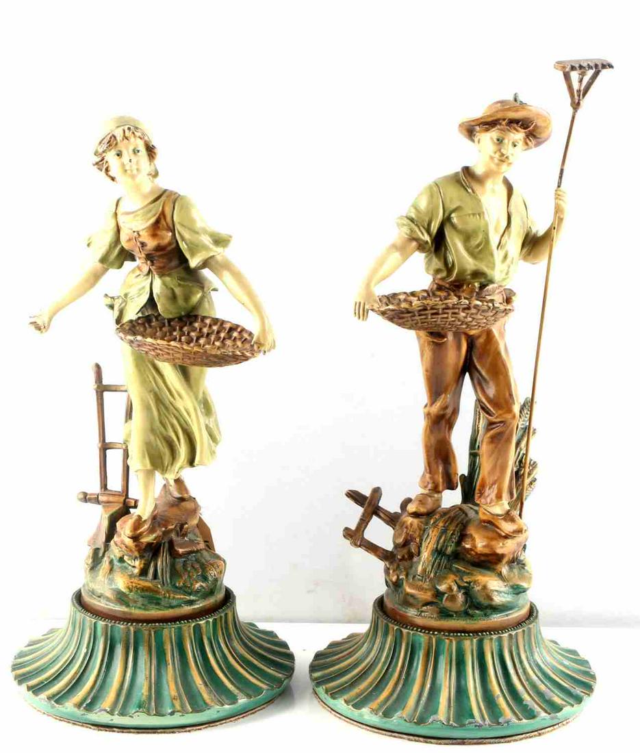 FRANCAISE ENAMELED FRENCH ART NOUVEAU FIGURES: Francaise Paris Art Nouveau enameled spelter statuette set of French peasant farmers. Estimate 90%-95% of enamel intact. Dimensions: Male 15 1/2 inches with a 7 inch diameter base, female stands 14 in