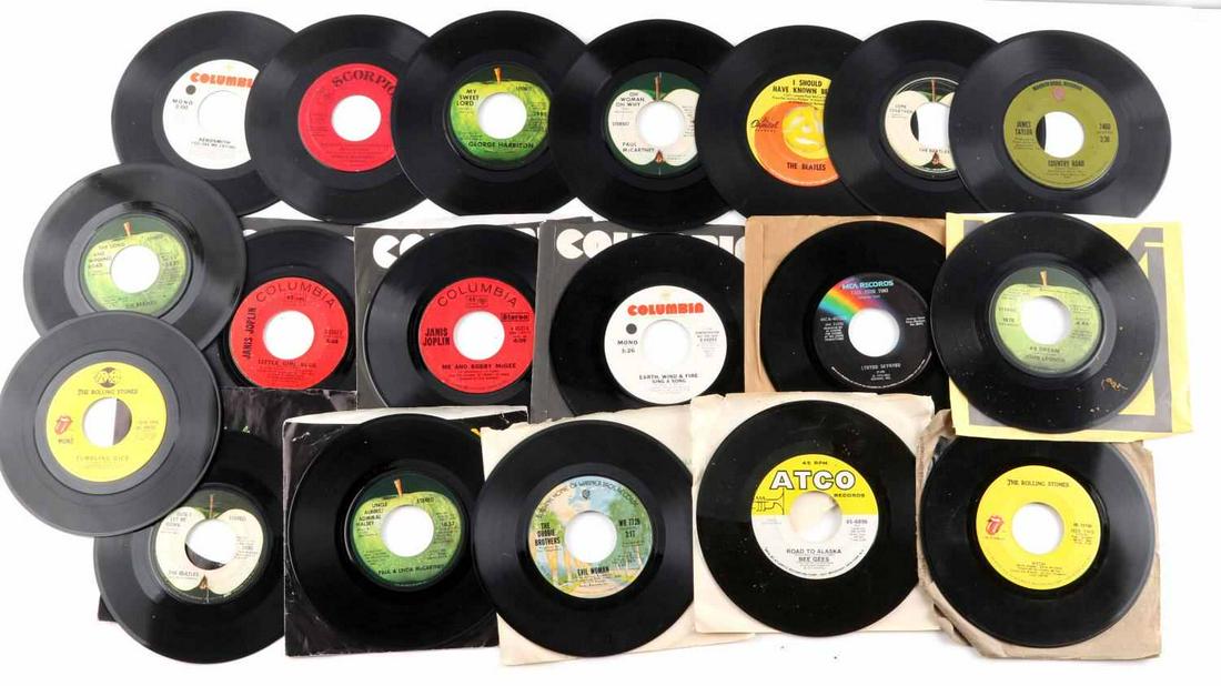 19 VINTAGE 45 RPM VINYL RECORD LOT BEATLES STONES: Lot of NINETEEN (19) records includes The Beatles, Paul & Linda McCartney, John Lennon, George Harrison, The Rolling Stones, Janis Joplin, Aerosmith, Lynyrd Skynyrd, The Doobie Brothers, Bee Gees, Jam