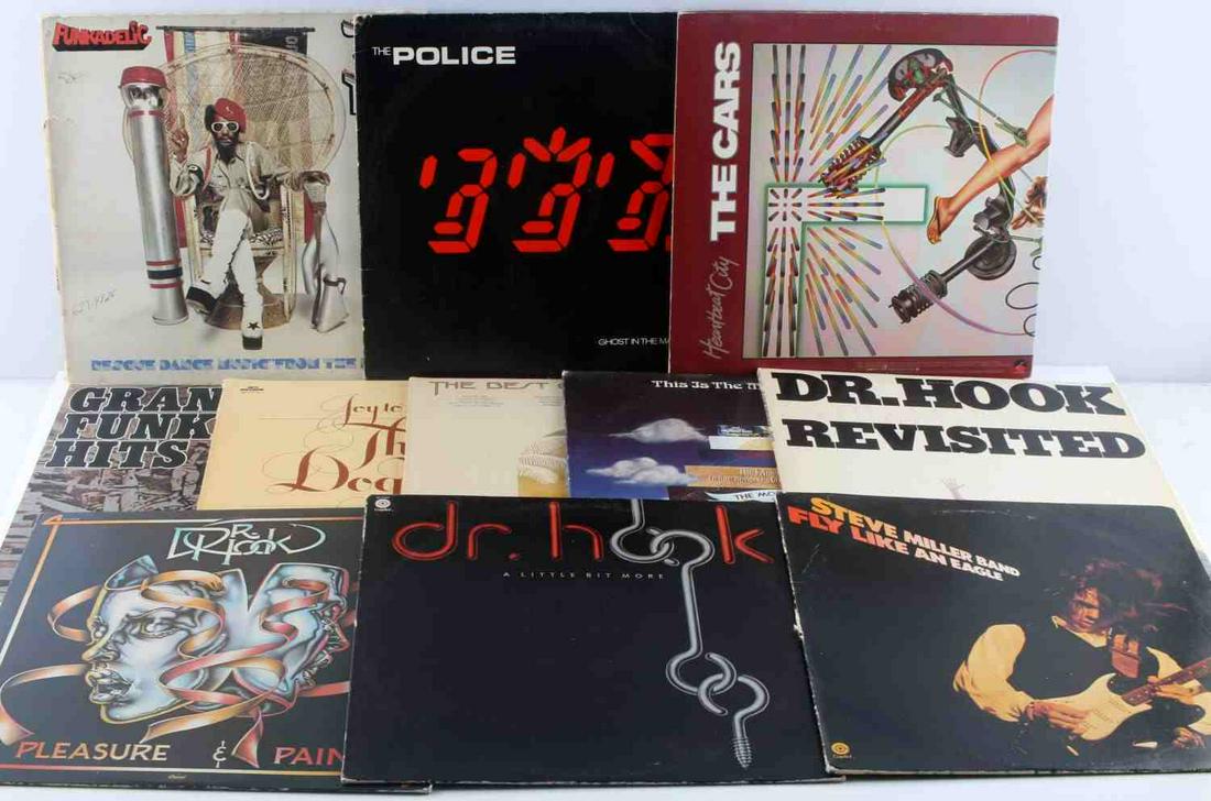 11 VINTAGE 33 RPM VINYL RECORD LOT THREE DOG NIGHT: Lot of ELEVEN (11) vinyl records includes Three Dog Night, The Cars, The Police, Rod Stewart, The Moody Blues, Grand Funk Railroad, Dr. Hook, Funkadelic, and the Steve Miller Band. Most sleeves are in