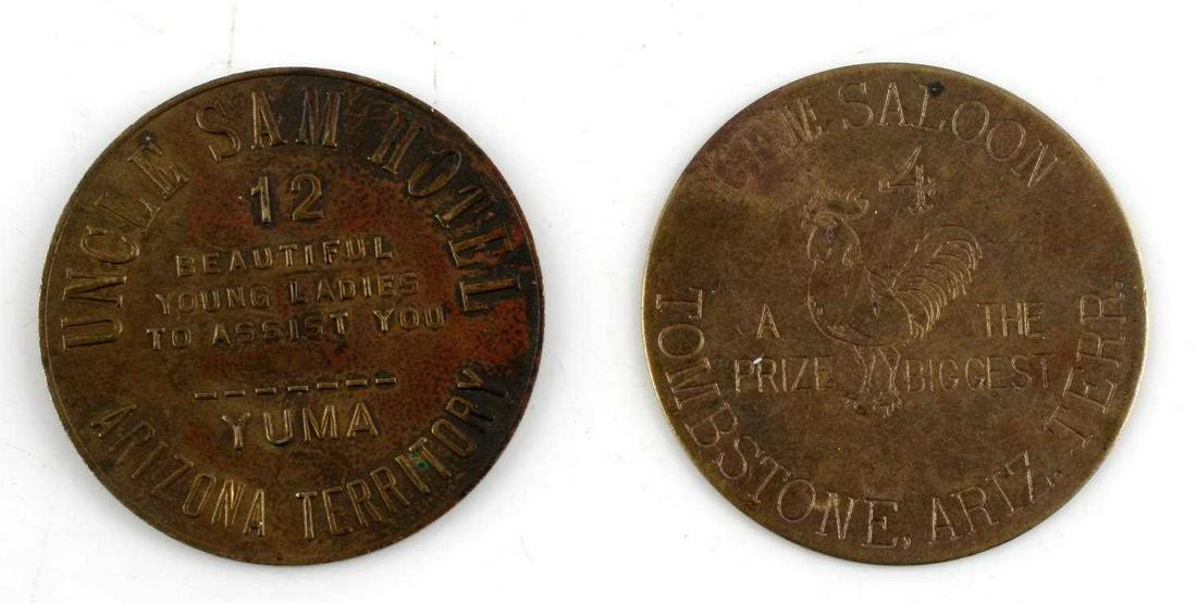 LOT OF 2 ARIZONA TERRITORY BROTHEL TOKENS: Lot of 2 Arizona territory brothel tokens. Tokens for Uncle Sam Hotel and Gem Saloon. Measure approximately 38mm in diameter. Very good condition overall.