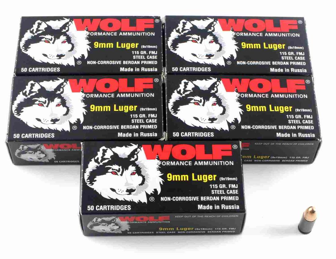 250 ROUNDS OF 9MM LUGER 115 GR WOLF AMMUNITION: 250 rounds (5 boxes) of 9mm Luger 115 grain, FMJ Wolf ammunition. New in box.