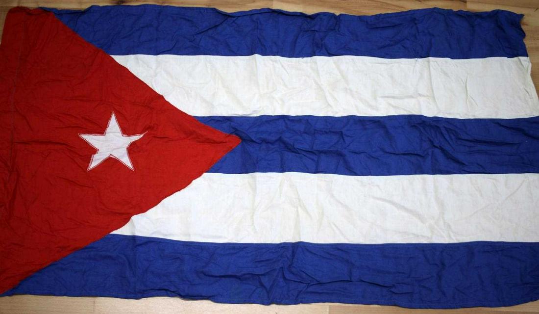 MEDIUM SIZED REPUBLIC OF CUBA STITCHED FLAG: Medium sized Republic of Cuba stitched flag measuring 49 1/2 inches wide by 26 1/2 inches tall.