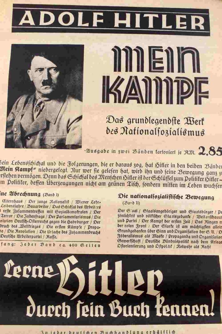 WWII ERA GERMAN MEIN KAMPF PROPAGANDA POSTER: WWII era German reich "mein kampf" propaganda poster measuring approximately 19 15/16 inches tall by 20 7/16 inches wide. In good condition. This lot has a reserve.