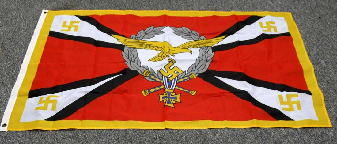 WWII GERMAN THIRD REICH LUFTWAFFE FLAG BANNER: Third Reich Luftwaffe flag. Features yellow, black, red, and white banner with Luftwaffe eagle. Very good condition. Measures 60 X 34 inches. Unauthenticated, sold as is.
